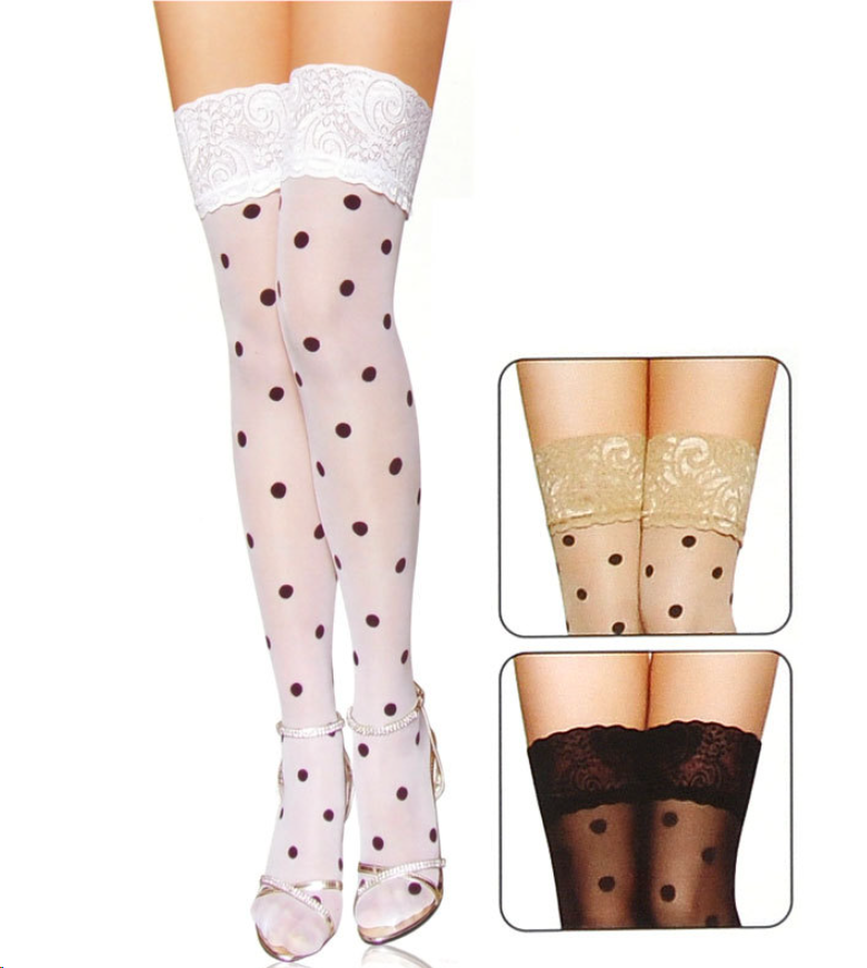 Womens Lace Trim Polka Dot Thigh High Stockings